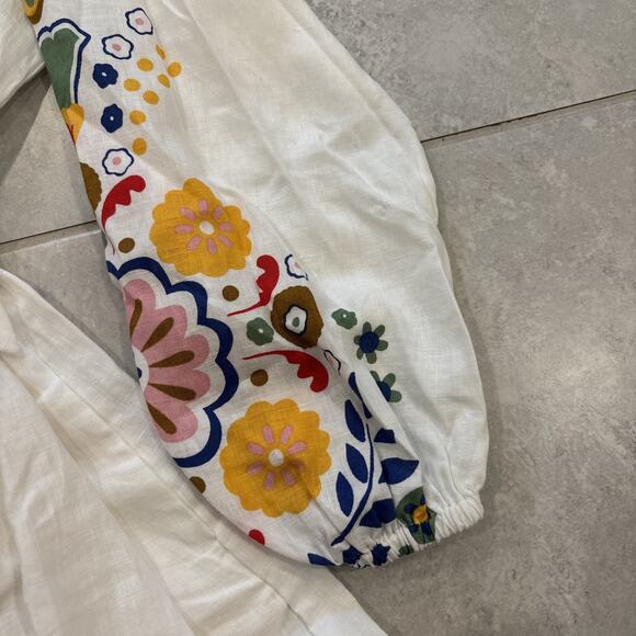 Boden Linen Balloon Sleeve Tie Waist Dress Pockets US 12R White Multi NWT - Picture 2 of 11